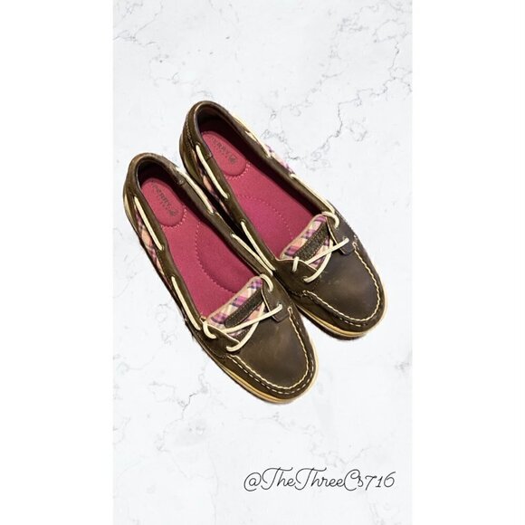 Womens Size 10M Sperry Topsiders Leather and Plaid Brown Pink Purple - Picture 1 of 5
